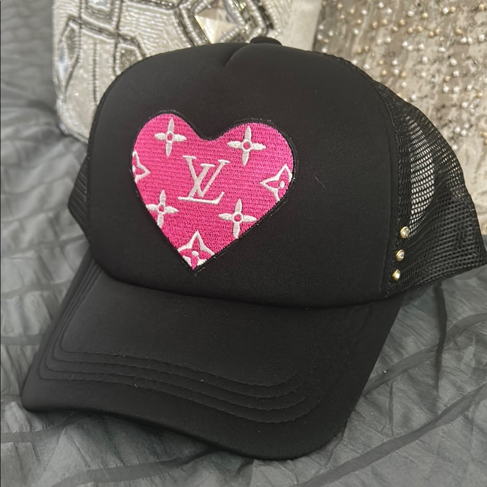 Black and Pink Heart Logo Trucker hat